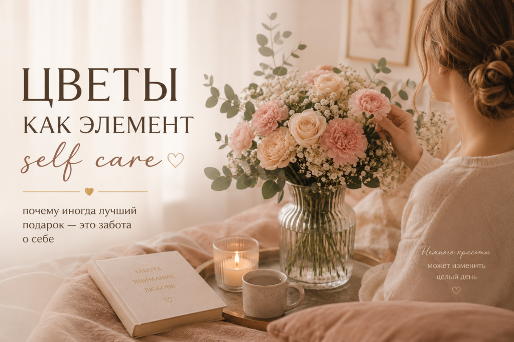 доставка цветов как элемент self care - нежный букет пастельных цветов, свеча и книга в уютной спальне, атмосфера заботы о себе и домашнего уюта