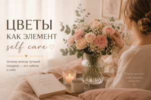 доставка цветов как элемент self care - нежный букет пастельных цветов, свеча и книга в уютной спальне, атмосфера заботы о себе и домашнего уюта