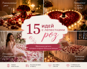 Романтическое оформление комнаты лепестками роз и свечами