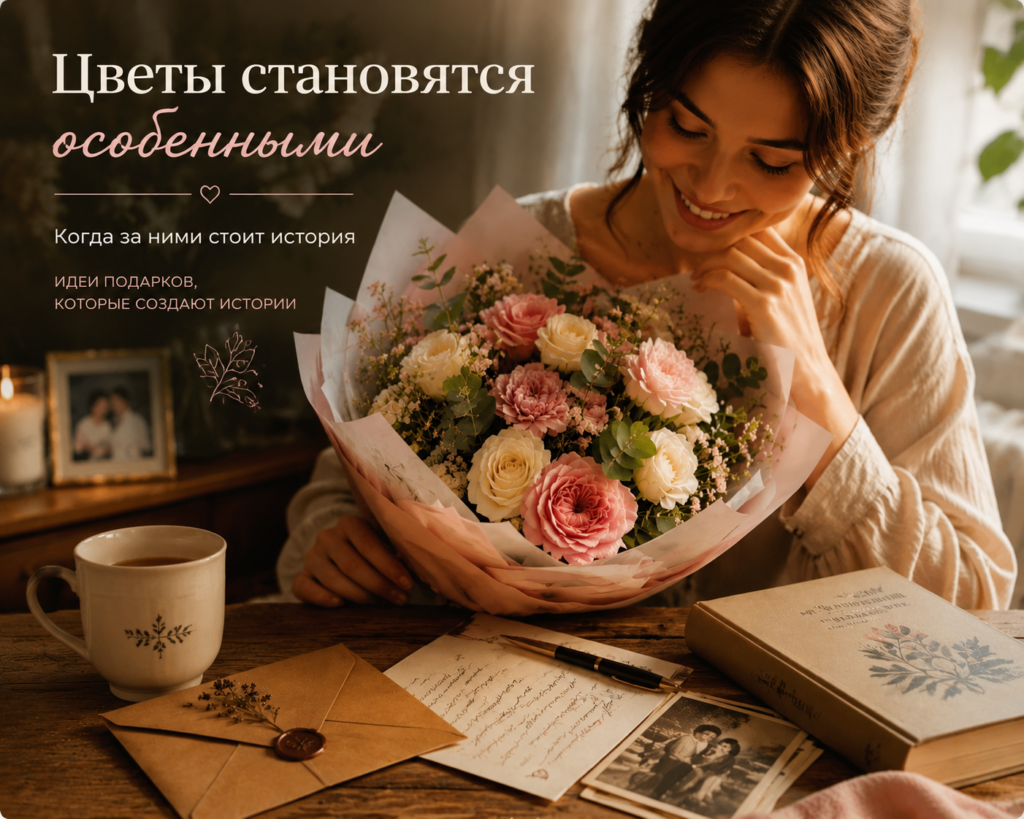 Идеи подарков с цветами — девушка с букетом, письмом и памятными фотографиями