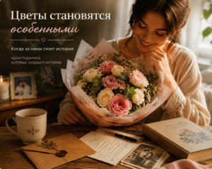Идеи подарков с цветами — девушка с букетом, письмом и памятными фотографиями