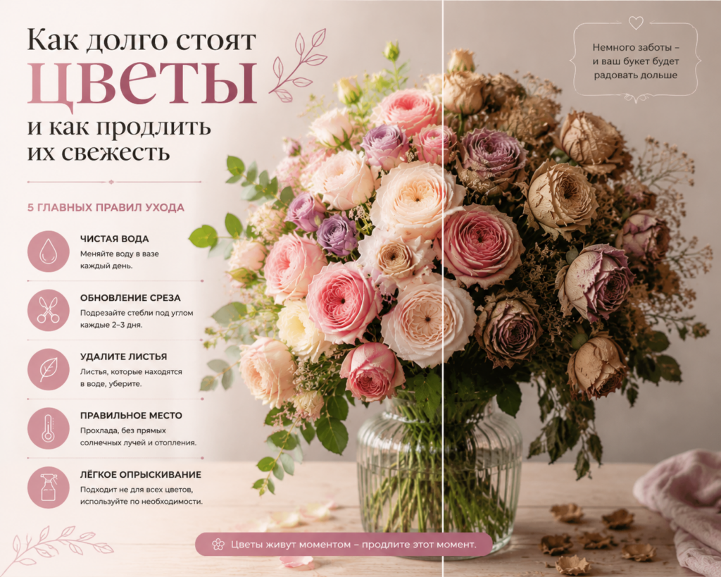 Как долго стоят цветы и как продлить их свежесть: уход за букетом, правила воды, среза и хранения цветов в вазе
